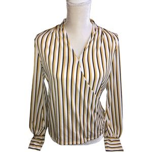Adrianna Papell White/ Yellow/Black Stripe Wrap Long Sleeve Blouse - S